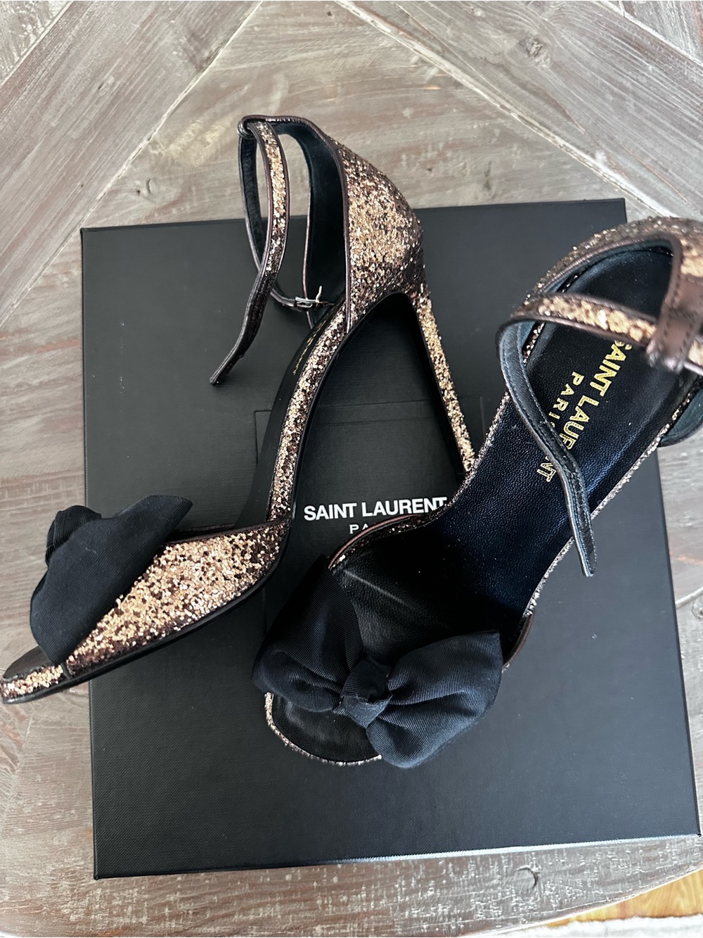 Saint Laurent Black Bow Ankle-Strap Heels with Metallic Trim - Picture 2 of 7